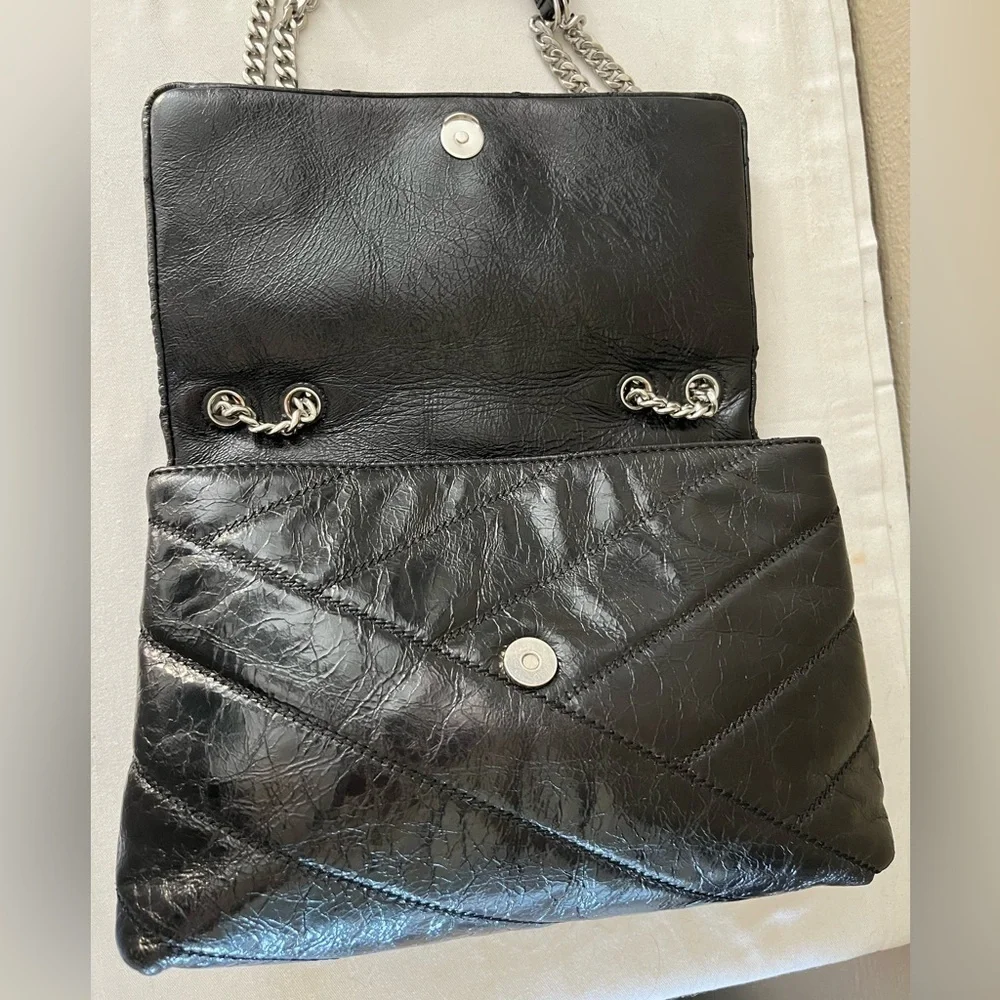 Tory Burch Kira Black Glazed Leather Crossbody Shoulder Bag Silver Hardware